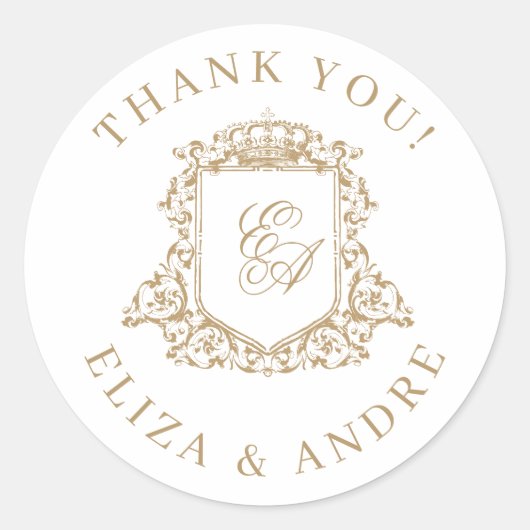 Goud en wit Royal Monogram Crest Bruiloft Ronde Sticker (Voorkant)