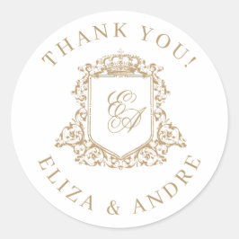 Goud en wit Royal Monogram Crest Bruiloft Ronde Sticker