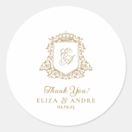 Goud en wit Royal Monogram Crest Bruiloft Ronde Sticker