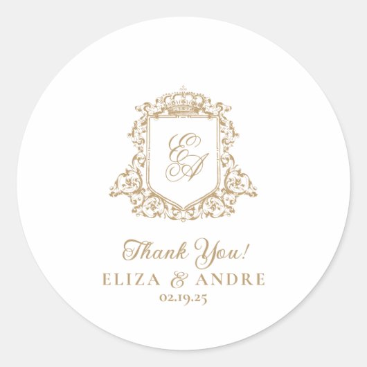 Goud en wit Royal Monogram Crest Bruiloft Ronde Sticker (Voorkant)