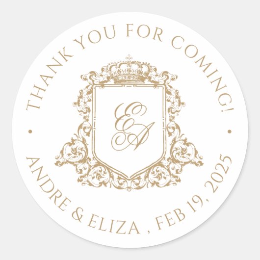 Goud en wit Royal Monogram Crest Bruiloft Ronde Sticker (Voorkant)