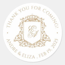 Goud en wit Royal Monogram Crest Bruiloft Ronde Sticker
