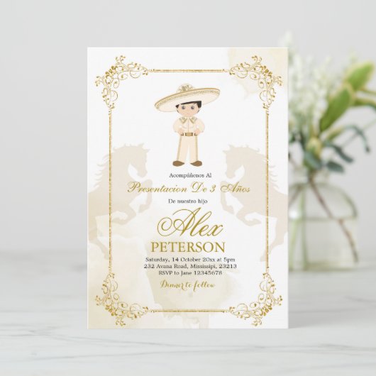 Goud en wit Spaans Mexicaans Jongen Charro Kaart (Staand voorkant)