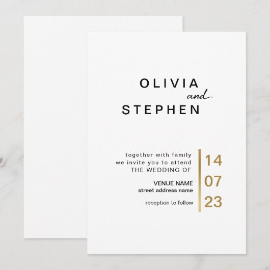 Goud en wit. Stijlvolle minimale Typografie Wedden Kaart (Voorkant / Achterkant)