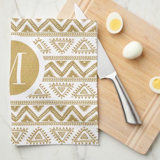 Goud en wit tribaal geometrisch patroon theedoek (Quarter Fold)