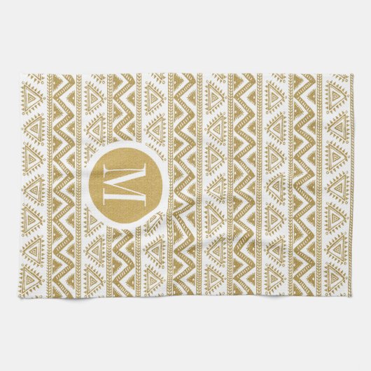 Goud en wit tribaal geometrisch patroon theedoek (Horizontaal)