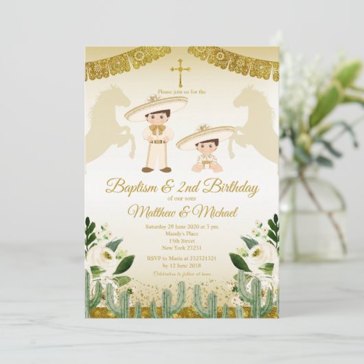 Goud en Wit Tweeling Jongens Doop & 2e Verjaardag Kaart (Staand voorkant)