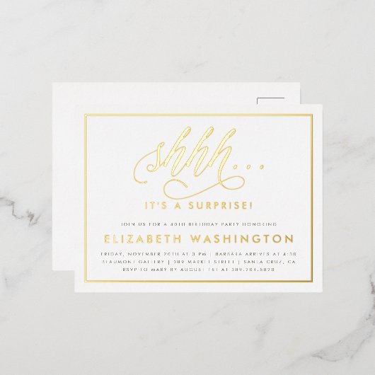 Goud en wit verrassingsfeest folie uitnodiging briefkaart (Voorkant / Achterkant)