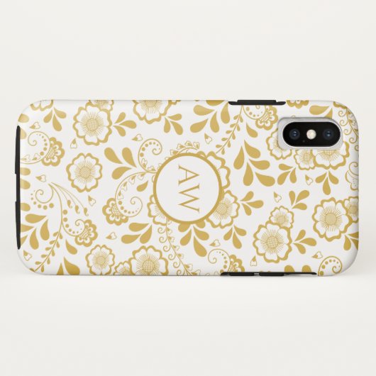 Goud en wit Victoriaans Bloemenkant Monogram Case-Mate iPhone Case (Achterkant (horizontaal))
