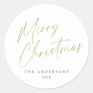 Goud en wit Vrolijk Kerstmis Script Foto Ronde Sticker