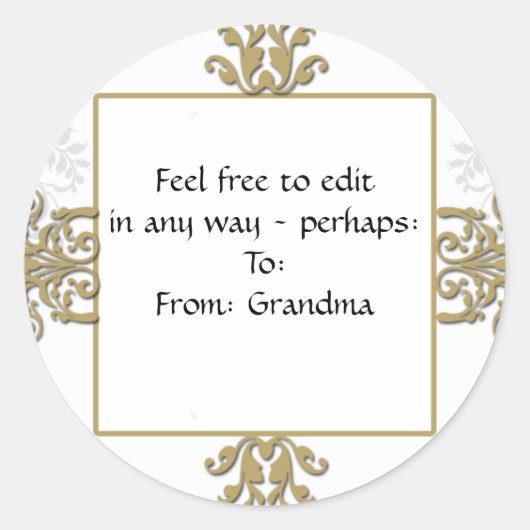 Goud en Wit Zilver Damask Foto Logo Ronde Sticker (Voorkant)