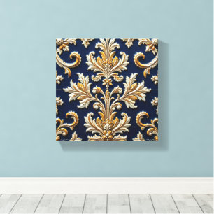 Goud en witte Acanthus op Blauw Canvas Afdruk