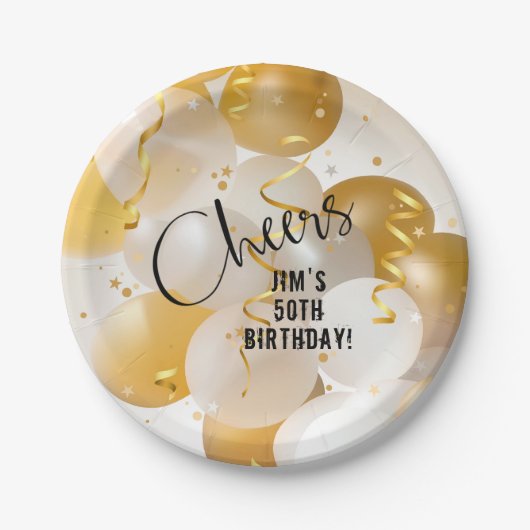 Goud en witte ballonnen van afgelopen dag papieren bordje (Voorkant)