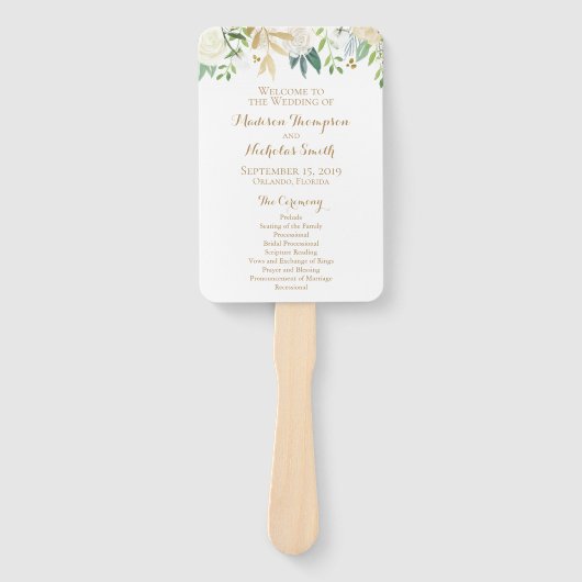 Goud en witte bloem bruiloft programma fans handwaaier (Voorkant)