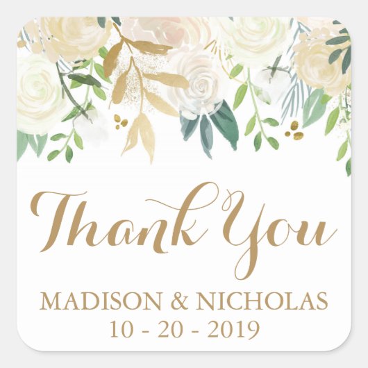 Goud en Witte Bloem Bruiloft Vierkante Stickers (Voorkant)