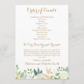 Goud en Witte Bloem Bruiloftsreceptieprogramma's Programmakaart (Achterkant)