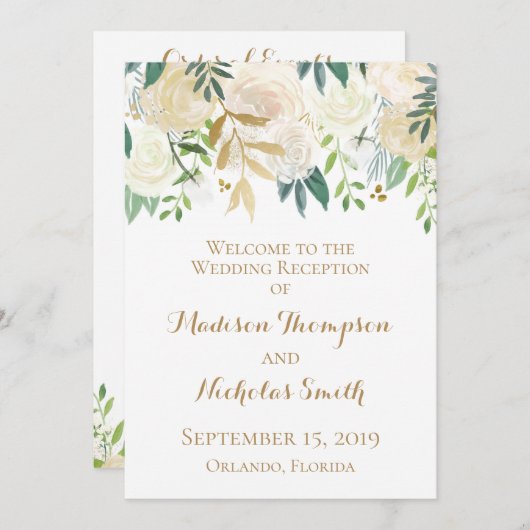 Goud en Witte Bloem Bruiloftsreceptieprogramma's Programmakaart (Voorkant / Achterkant)