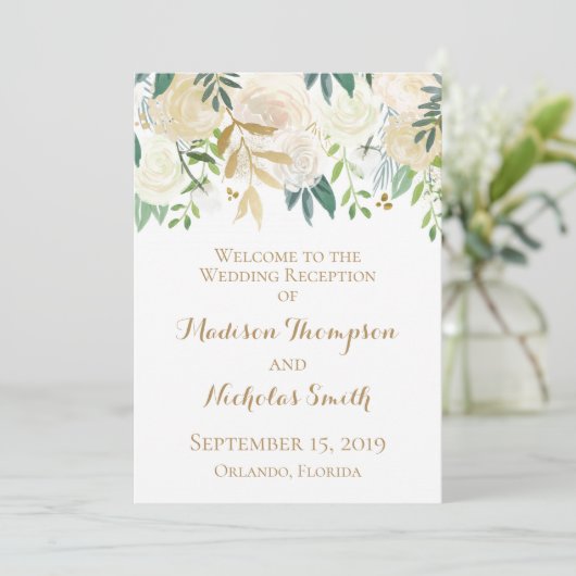 Goud en Witte Bloem Bruiloftsreceptieprogramma's Programmakaart (Staand voorkant)