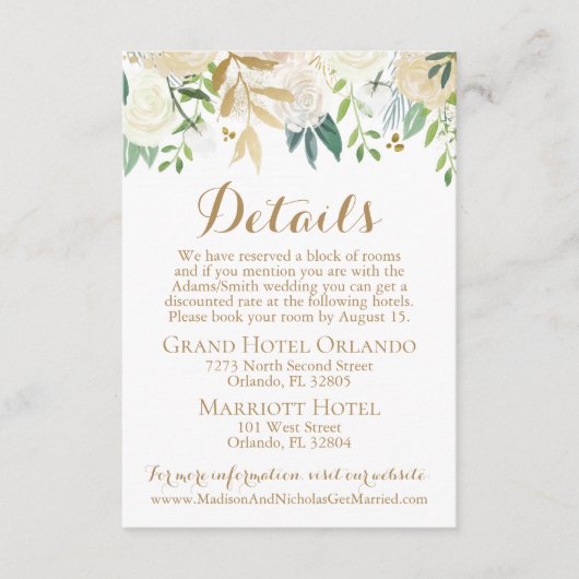 Goud en Witte Bloem Huwelijksdetails Kaart Inserts (Voorkant)