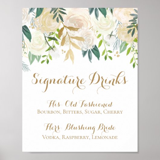 Goud en Witte Bloem Signature Drankjes Bord Poster (Voorkant)