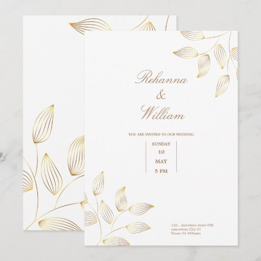 Goud en witte bloemen Eenvoudige elegante trouwkaa Kaart (Voorkant / Achterkant)