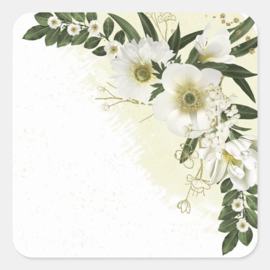 Goud en witte bloemen groen bruiloft vierkante sticker (Voorkant)