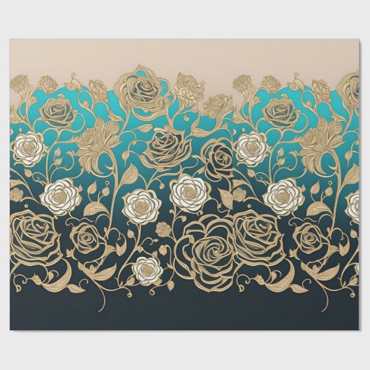 Goud en witte bloemen Turquoise en Black Cadeaupapier (Vlak)