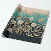 Goud en witte bloemen Turquoise en Black Cadeaupapier (Uitgerold)