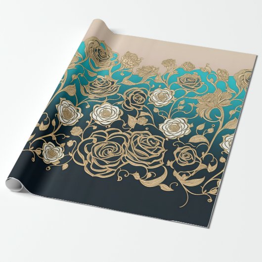 Goud en witte bloemen Turquoise en Black Cadeaupapier (Uitgerold)