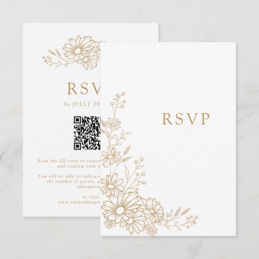 Goud en Witte Botanische Margriet QR Code Bruiloft RSVP Kaartje (Voorkant / Achterkant)
