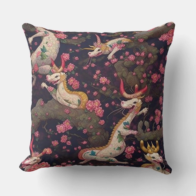 Goud en witte dragons met Cherry Blossom Kussen (Voorkant)