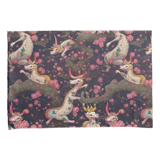 Goud en witte dragons met Cherry Blossom Kussensloop (Voorkant-Rechts)