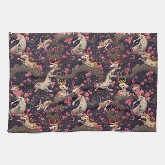 Goud en witte dragons met Cherry Blossom Theedoek (Horizontaal)