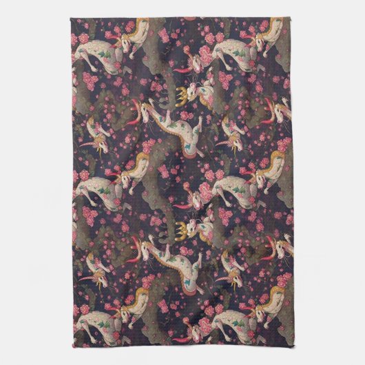 Goud en witte dragons met Cherry Blossom Theedoek (Verticaal)