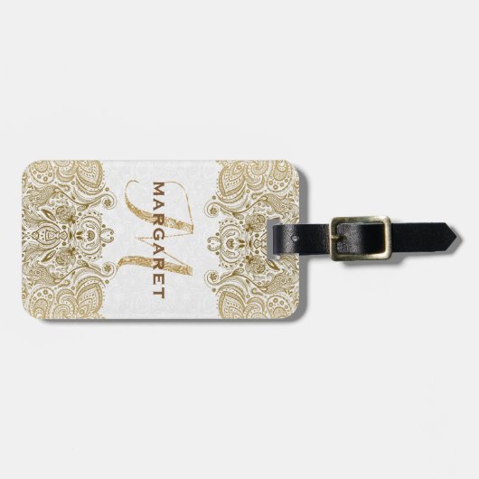 Goud en witte Floral Paisley Lace Bagagelabel (Voorkant horizontaal)