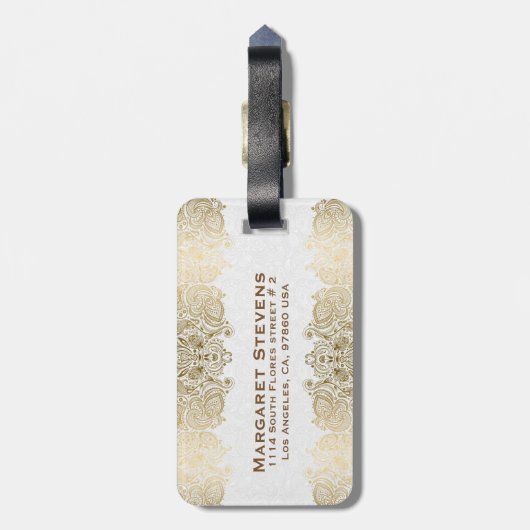 Goud en witte Floral Paisley Lace Bagagelabel (Achterkant verticaal)