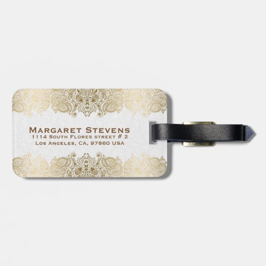 Goud en witte Floral Paisley Lace Bagagelabel (Achterkant horizontaal)