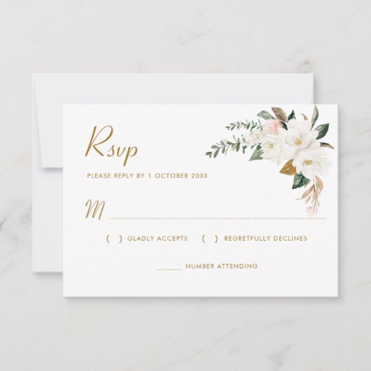 Goud en witte magnolia floral RSVP-kaart RSVP Kaartje (Voorkant)