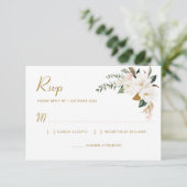 Goud en witte magnolia floral RSVP-kaart RSVP Kaartje (Staand voorkant)