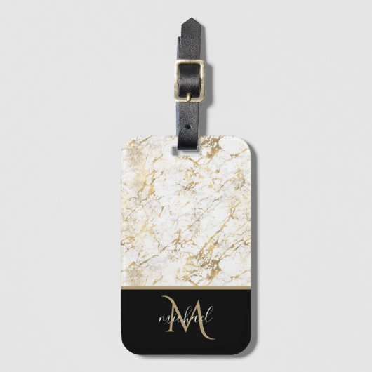 Goud en witte marmer met zwart monogram bagagelabel (Voorkant (verticaal))