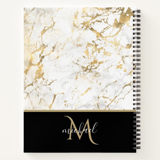 Goud en witte marmer met zwart monogram notitieboek (Achterkant)