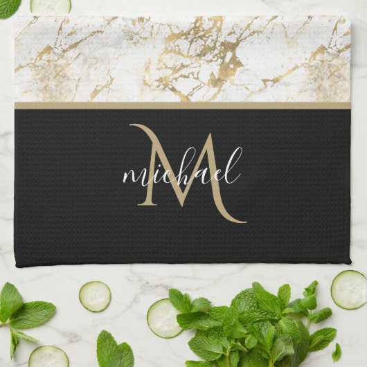 Goud en witte marmer met zwart monogram theedoek (Gevouwen)