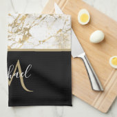 Goud en witte marmer met zwart monogram theedoek (Quarter Fold)