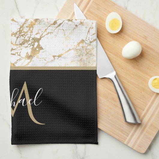 Goud en witte marmer met zwart monogram theedoek (Quarter Fold)