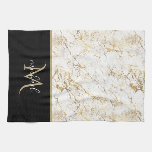 Goud en witte marmer met zwart monogram theedoek (Horizontaal)