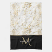 Goud en witte marmer met zwart monogram theedoek (Verticaal)