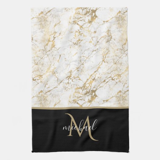 Goud en witte marmer met zwart monogram theedoek (Verticaal)