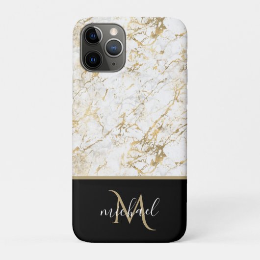 Goud en witte marmer met zwarte Monogram Luxe Case-Mate iPhone Case (Achterkant)