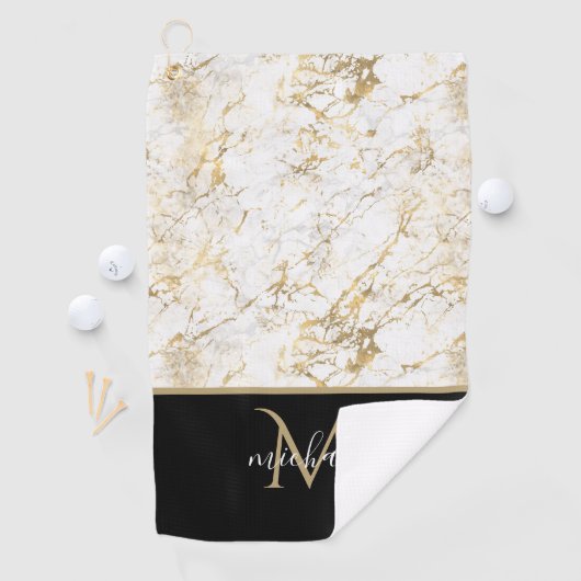Goud en witte marmer met zwarte Monogram Luxe Golfhanddoek (Insitu)