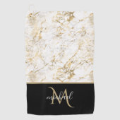Goud en witte marmer met zwarte Monogram Luxe Golfhanddoek (Voorkant)